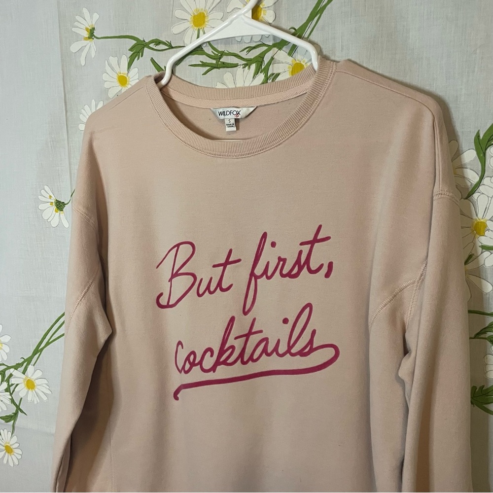 WILDFOX But First Cocktails pink tan cute quote graphic relaxed fit sweatshirt - Picture 4 of 9